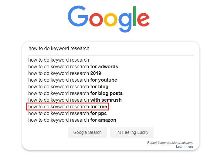 Google Suggestions for "how to do keyword research"