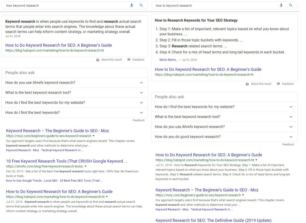 Google SERP for "how keyword research" vs "how to keyword research"
