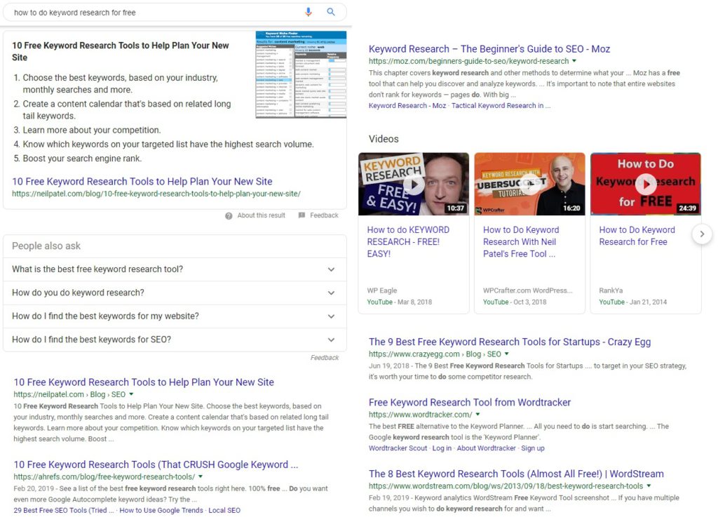 "How to do Keyword Research for Free" Google SERP